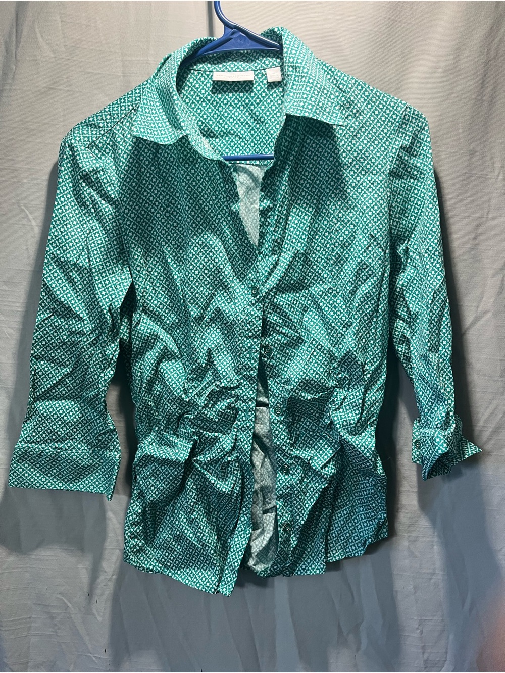 New York & Company Teal Geometric Button-Down Shirt